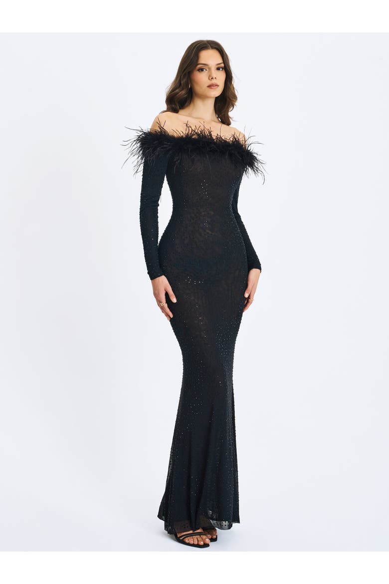 Emberly Fur Trimmed Off-Shoulder Rhinestone Mesh Mermaid Dress, Alternate, color, Black