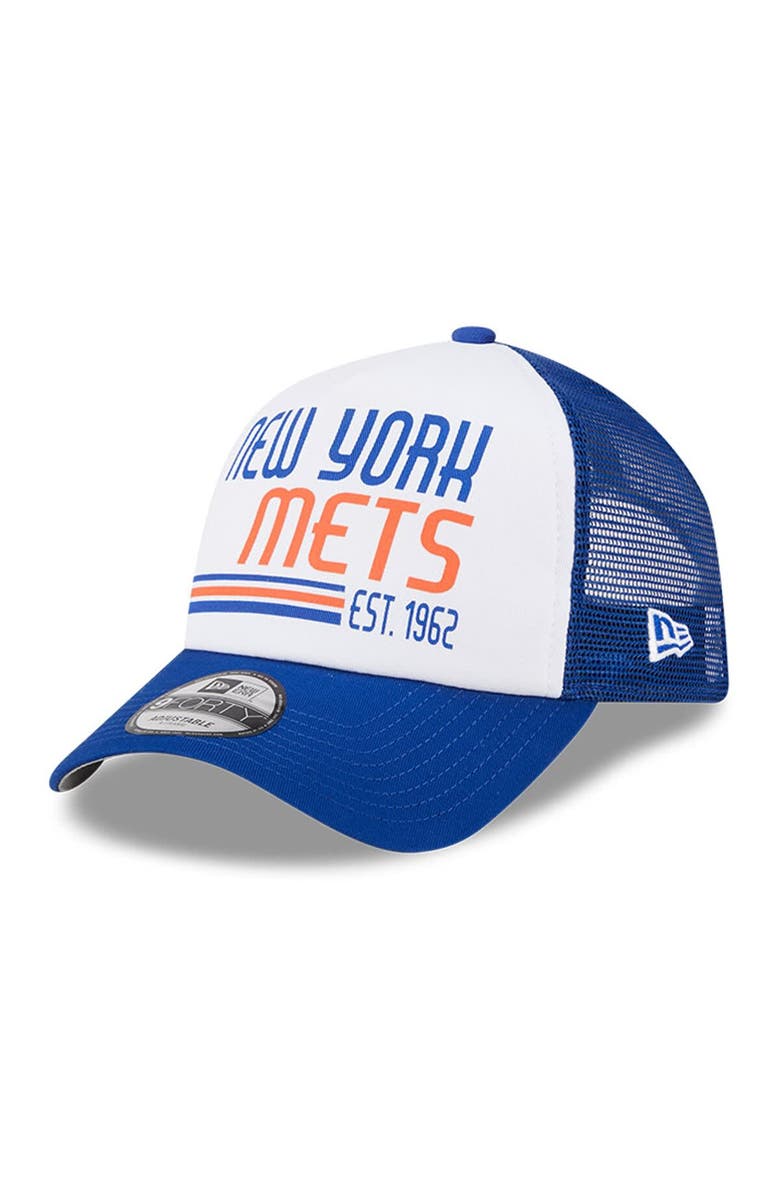 New Era Men's New Era White/Royal New York Mets Stacked A-Frame Trucker 9FORTY Adjustable Hat, Main, color, 