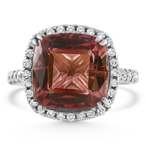 6.84Ct Red Brown Cushion Tourmaline Diamond Halo Ring 14k Gold Lab Grown