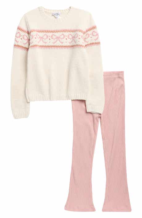 Nicole Miller Kids' Bow Chenille Sweater & Rib Knit Flare Leg Pants Set