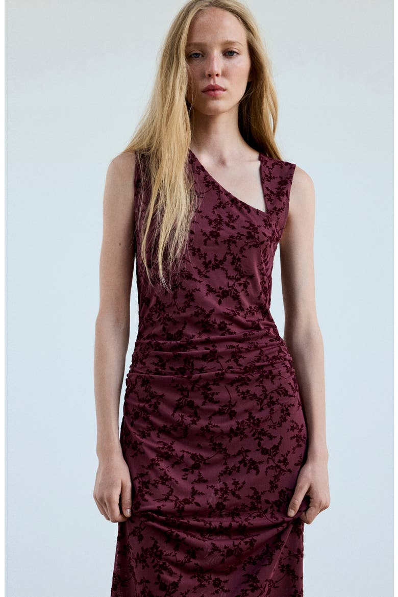 Floral Devoré Asymmetric Midi Dress, Alternate, color, BURGUNDY
