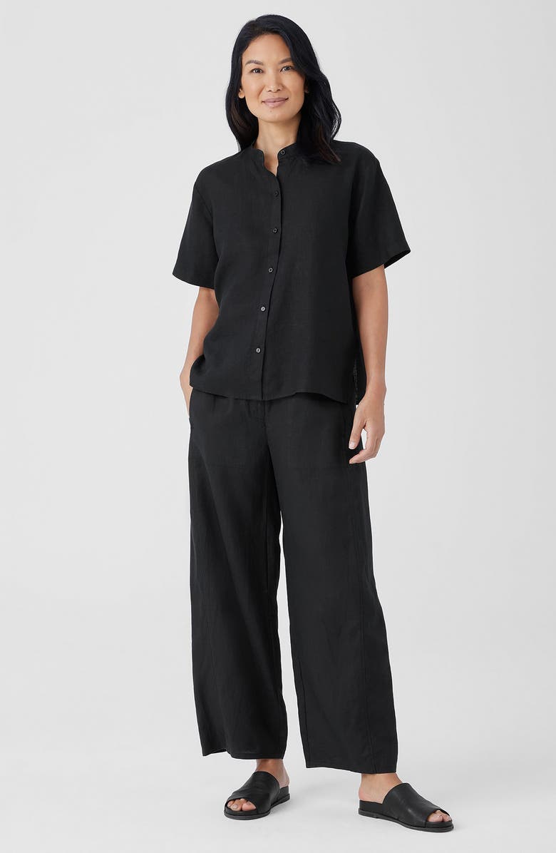 Eileen Fisher Band Collar Short Sleeve Organic Linen Button-Up Shirt, Alternate, color, Black