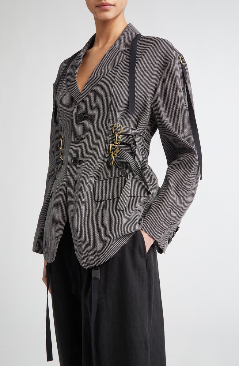 Undercover Buckled Strap Pinstripe Single Breasted Silk & Paper Blazer, Alternate, color, 