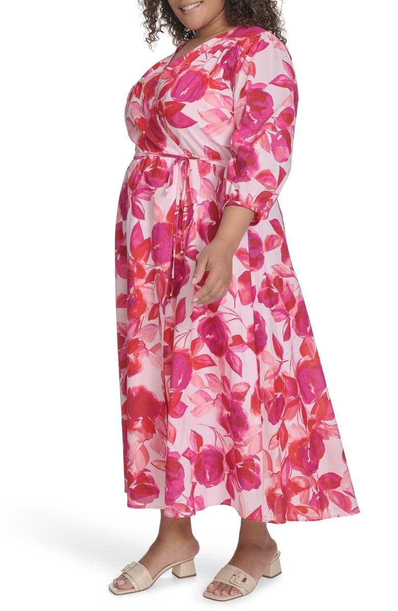 Calvin Klein Floral Balloon Sleeve Cotton Faux Wrap Dress, Alternate, color, Hibiscus Multi