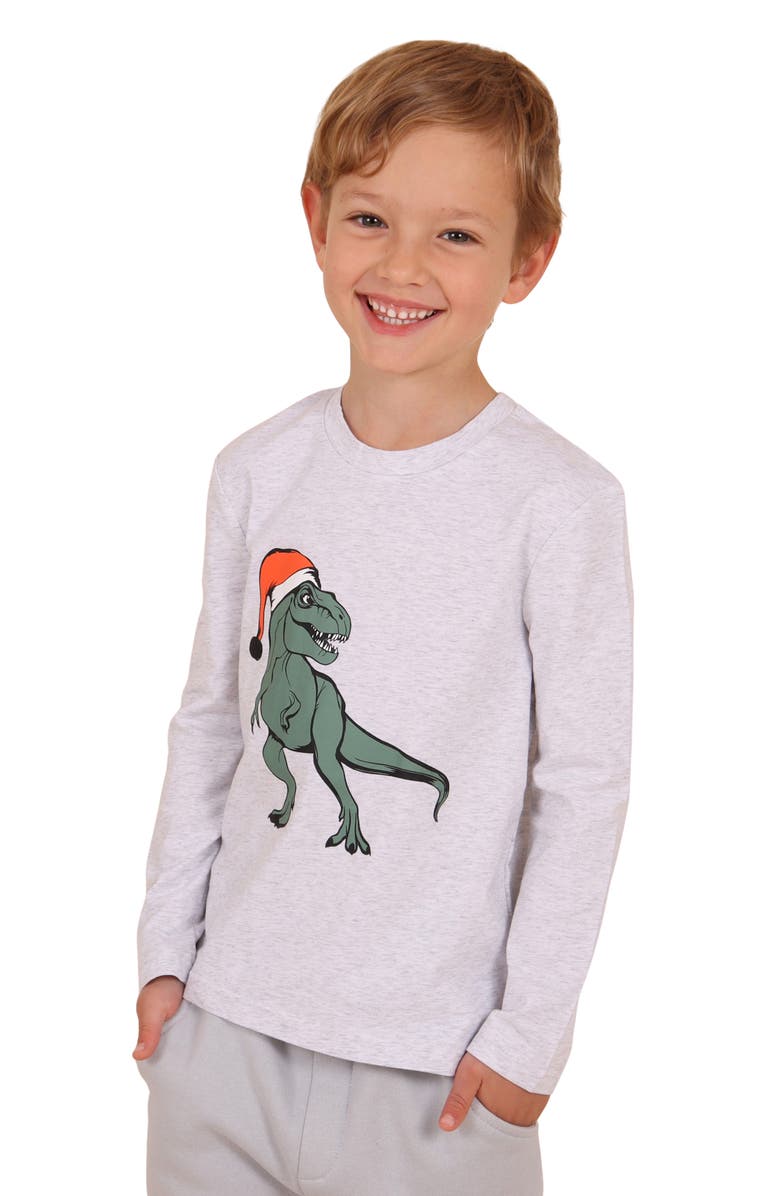 dot australia Kids' Santa Dino Graphic T-Shirt, Alternate, color, Grey Marle