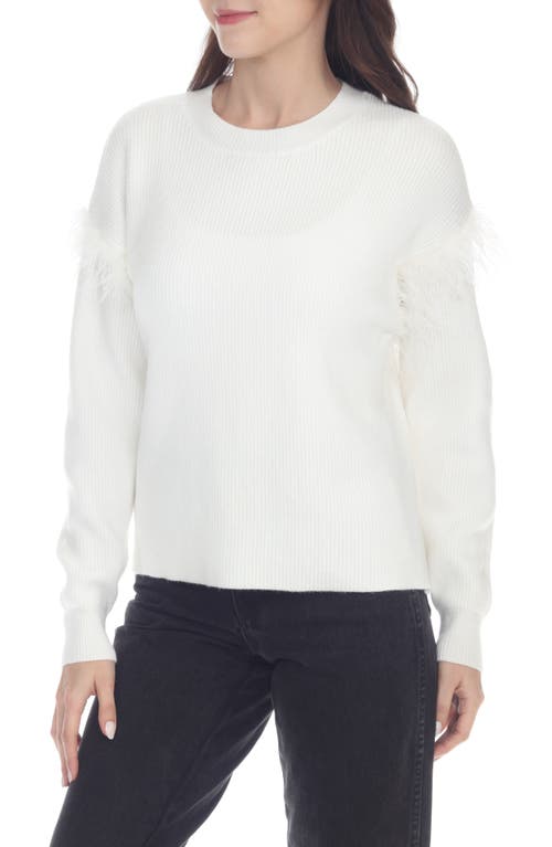 Rain And Rose Feather Trim Crewneck Sweater In White