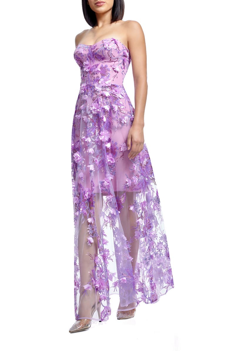 Dress the Population Melissa Sequin Floral Appliqué Strapless Gown, Alternate, color, Lilac Multi