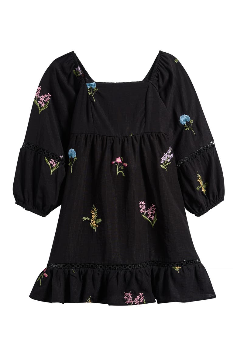 Kids' Embroidered Babydoll Dress with Lace Trim, Main, color, BLACK