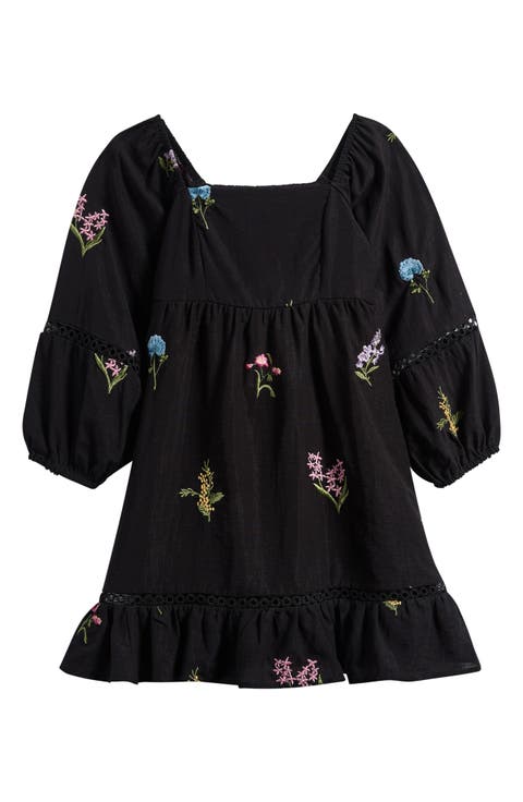 Kids' Embroidered Babydoll Dress with Lace Trim