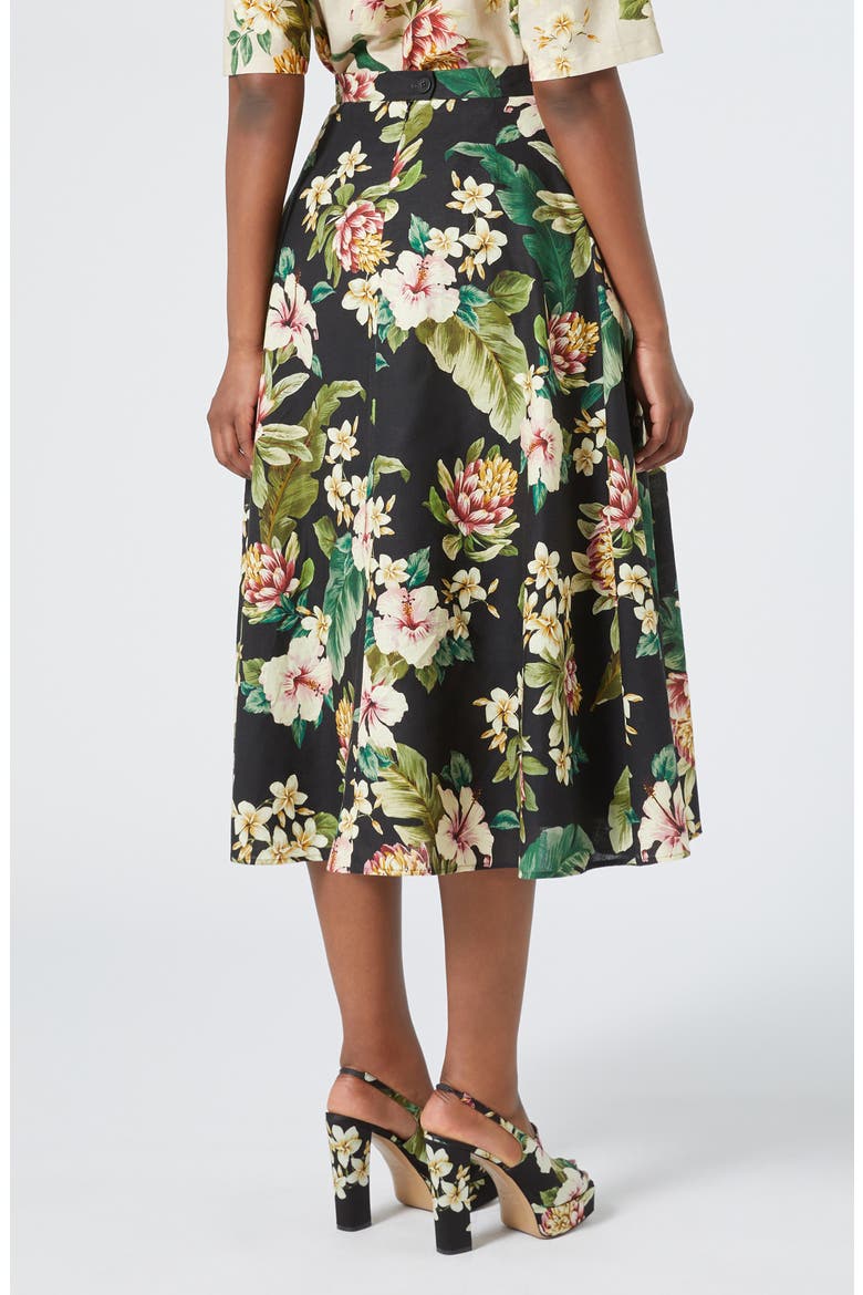 Tambuto Floral Linen & Cotton A-Line Skirt, Alternate, color, BLACK