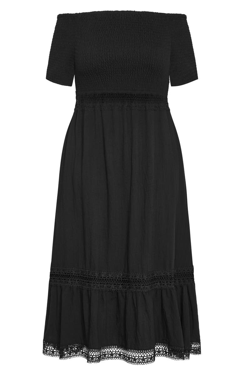 City Chic Aura Smocked Off-the-Shoulder Midi Dress, Alternate, color, Black