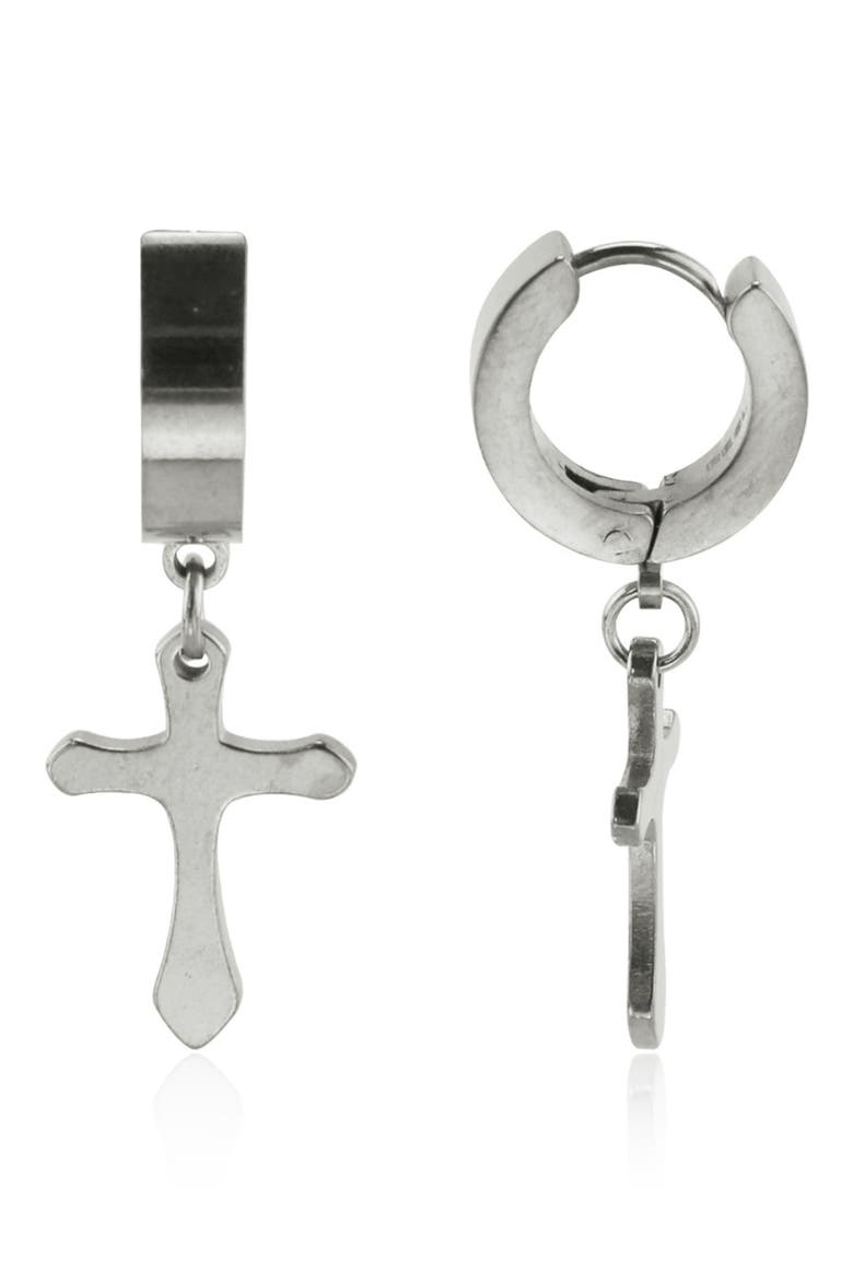 Cross Drop Huggie Hoop Earrings, Main, color, SILVER