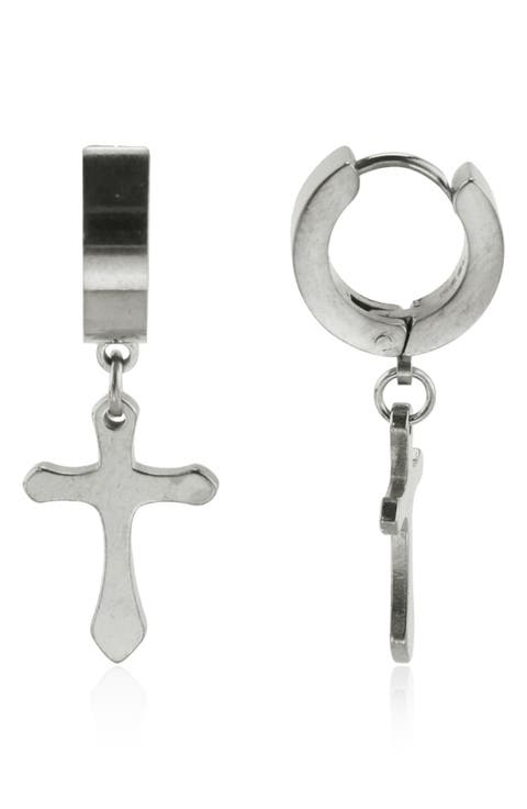 Cross Drop Huggie Hoop Earrings