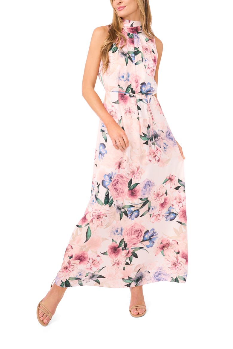 Floral Tie Neck Maxi Dress, Main, color, PINK/ VANILLA ICE