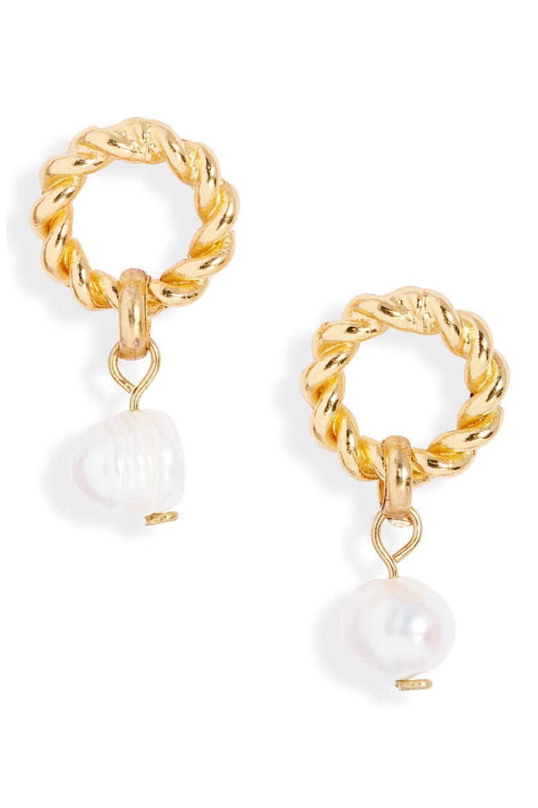 Twisted Rope Genuine Pearl Drop Earrings, Main, color, GOLD