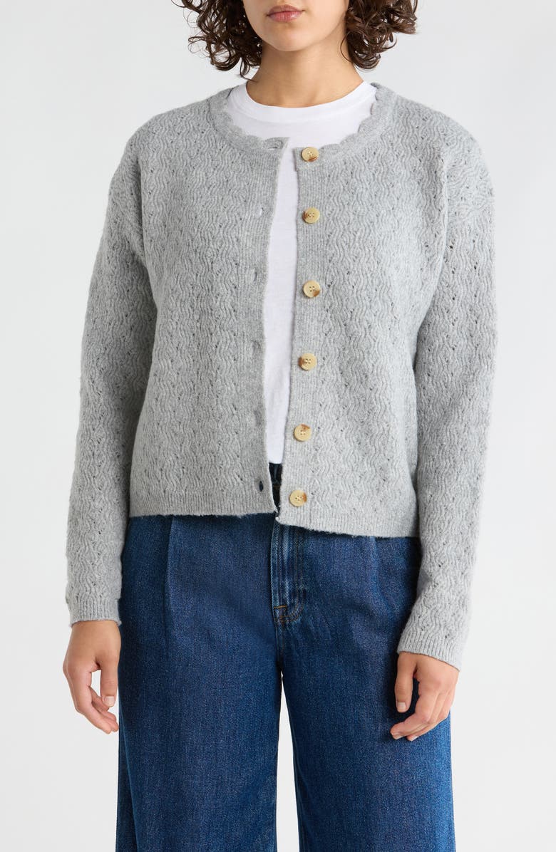 Bobeau Pointelle Stitch Cardigan, Main, color, Heather Grey