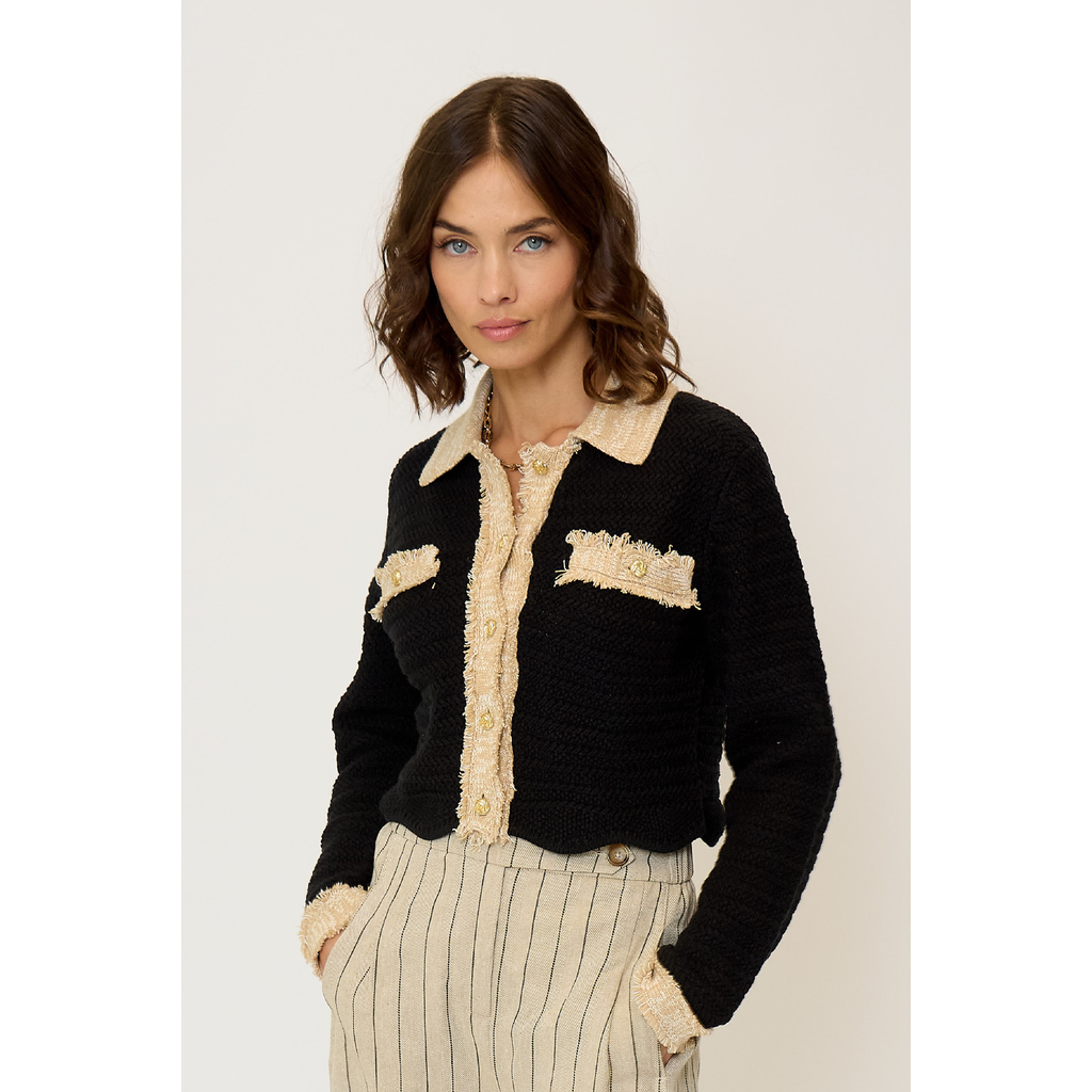 Central Park West Rose Scallop Edge Sweater In Black