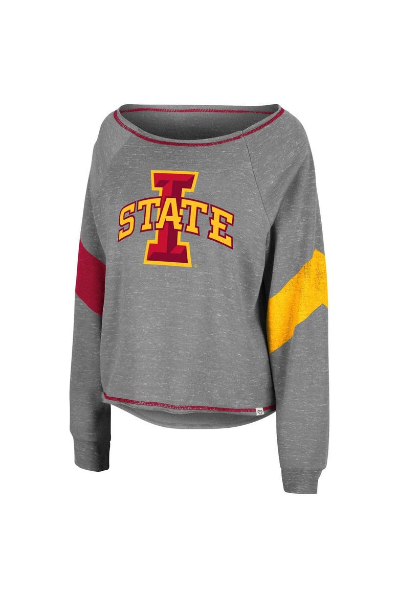 Women's Colosseum Heather Gray Iowa State Cyclones Amped Chevron Stripe Raglan Boat Neck Pullover Sweatshirt, Alternate, color, Heather Gray