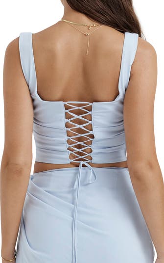 Una Floral Cowl Neck Lace-Up Corset Top