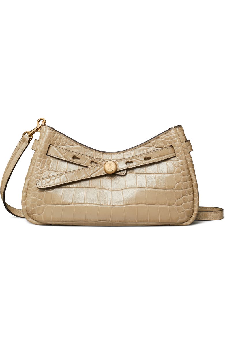 Tory Burch Romy Zip Top Croc Embossed Leather Crossbody Bag, Main, color, Ginger Leaf