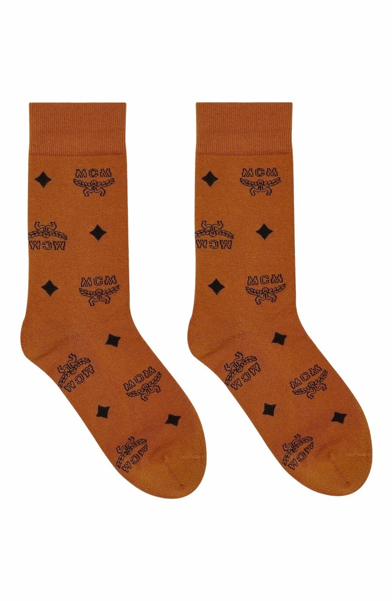 MCM Monogram Knit Socks, Main, color, Cognac