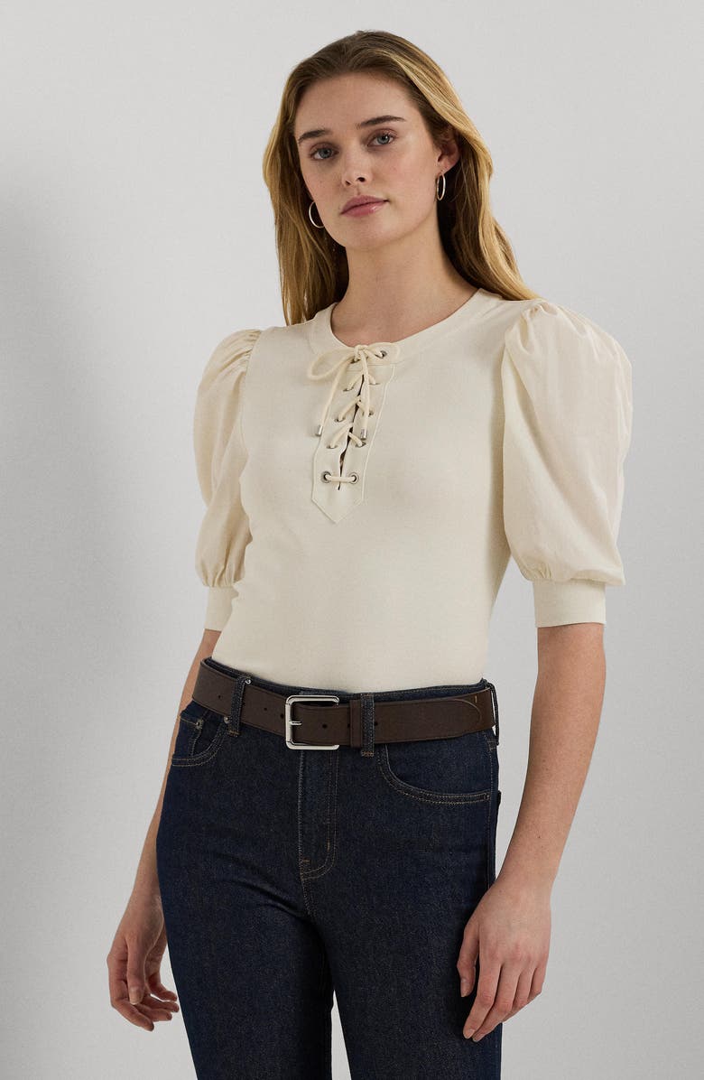 Lauren Ralph Lauren Lace-Up Stretch Cotton Puff Sleeve Top, Alternate, color,
