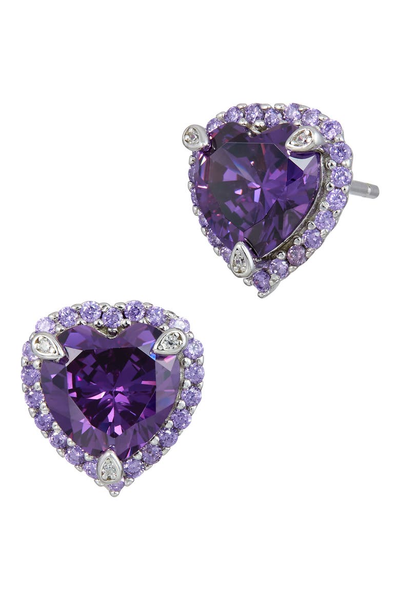 Cubic Zirconia Heart Halo Stud Earrings, Main, color, AMETHYST PURPLE