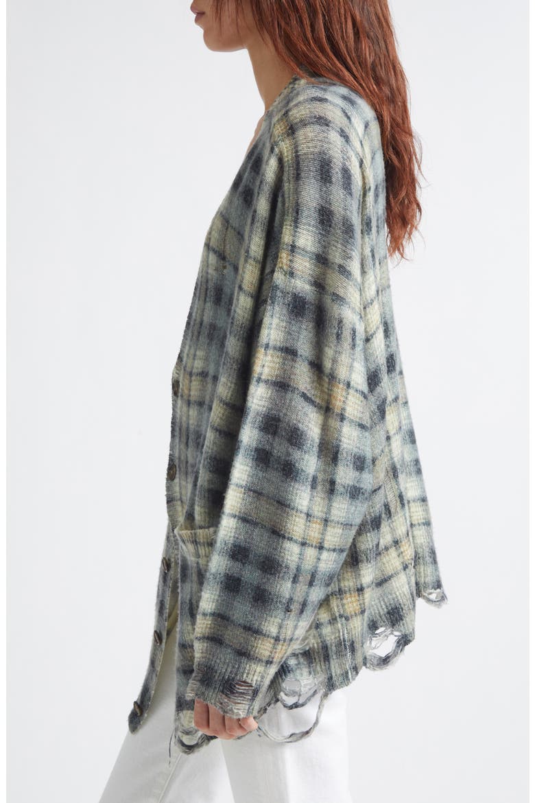 Oversize Distressed Plaid Wool & Cashmere V-Neck Cardigan, Alternate, color, GREY BLACK PLAID