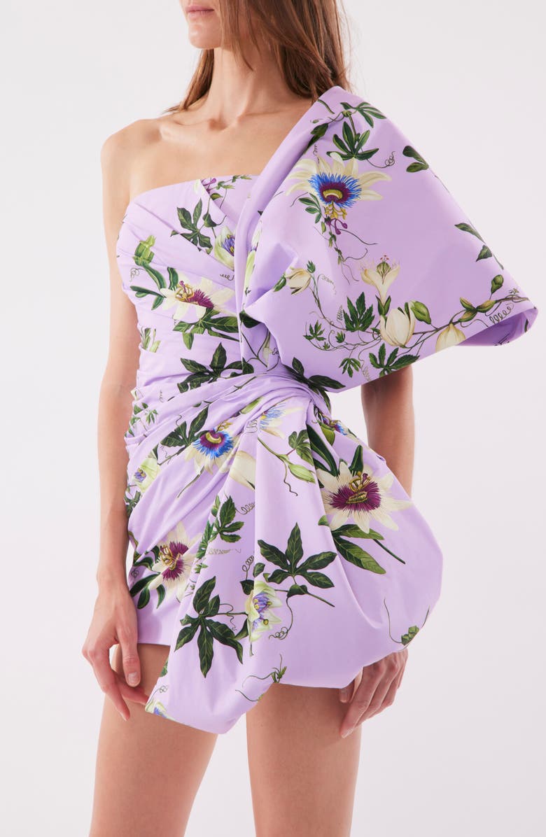 Oscar de la Renta Passionflower Print One-Shoulder Stretch Cotton Dress, Alternate, color, 