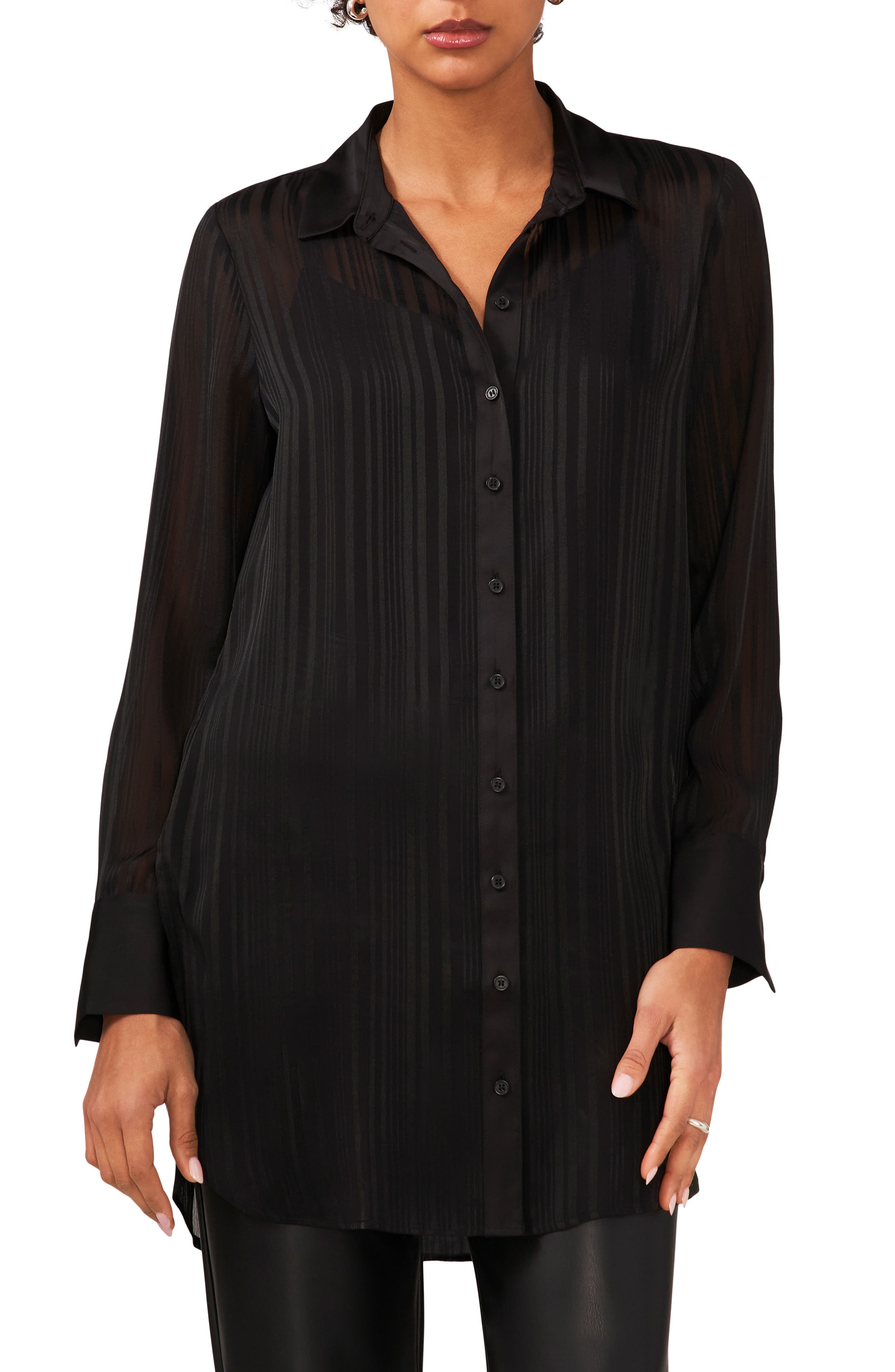 Variegated Tonal Stripe Button-Up Tunic Shirt