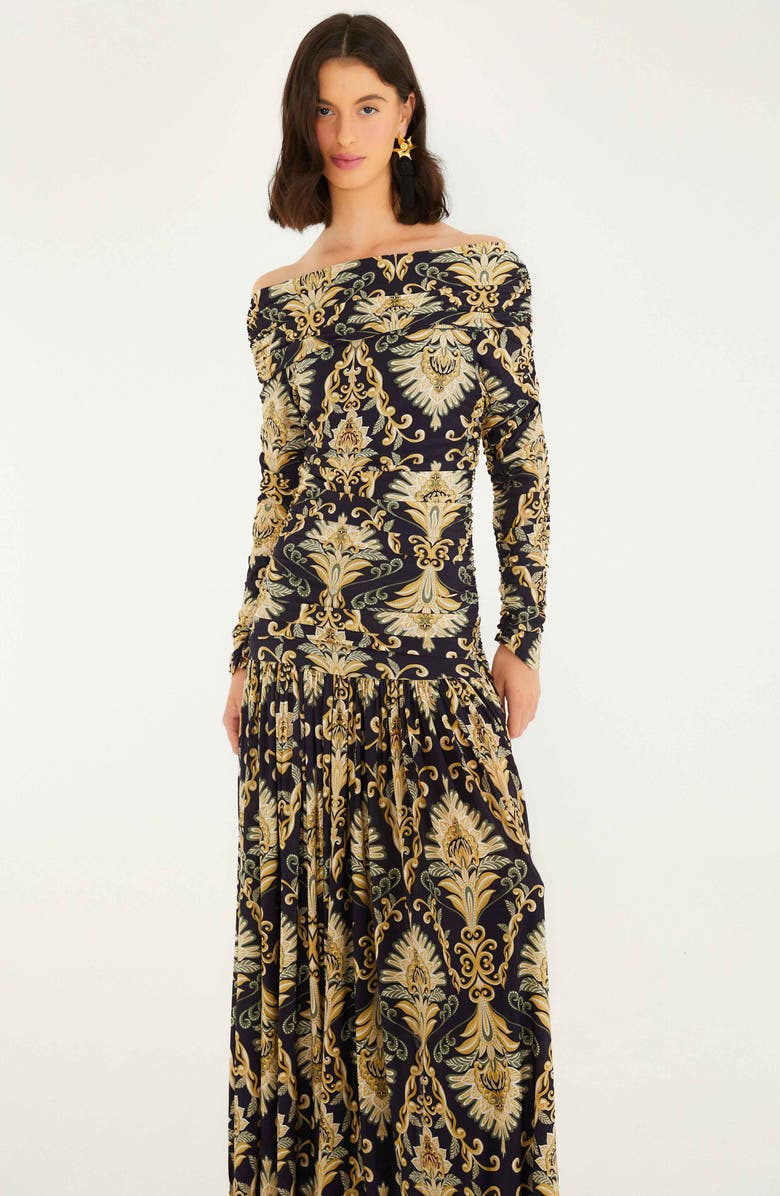 FARM Rio Wonderful Arabbesque Off the Shoulder Long Sleeve Maxi Cocktail Dress, Alternate, color, Wonderful Arabesque