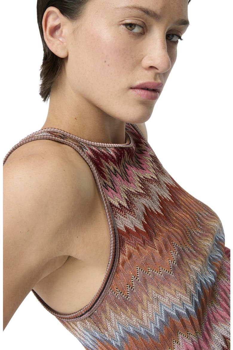 Sleeveless Top In Viscose Chevron With Snake Motif, Alternate, color, Pink & Rust