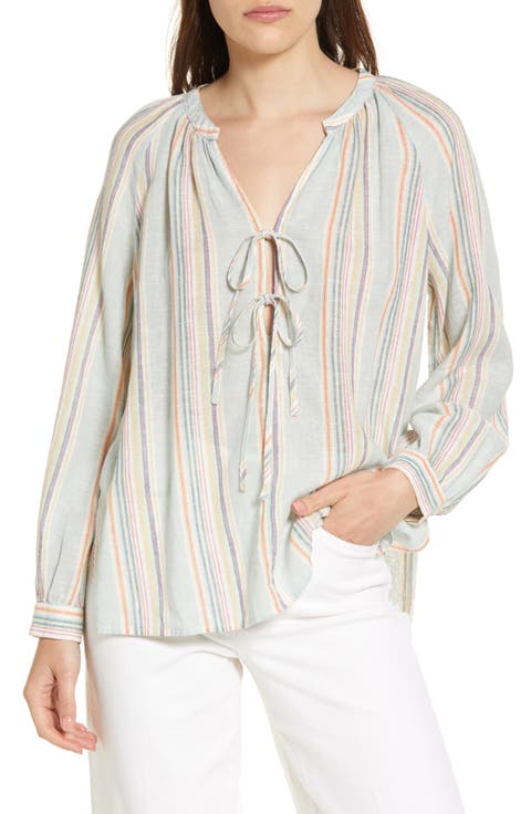 Brielle Stripe Tie Front Linen Blend Blouse
