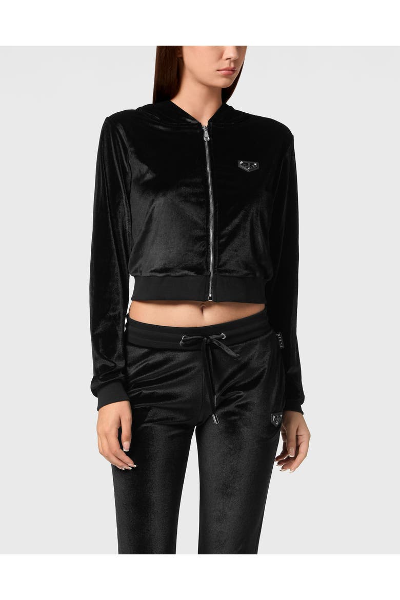 Chenille Hoodie Sweatjacket Strass Skull Women, Main, color, black