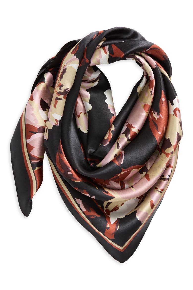 Print Square Silk Scarf, Alternate, color, BLACK- PINK PAYTON PEONY