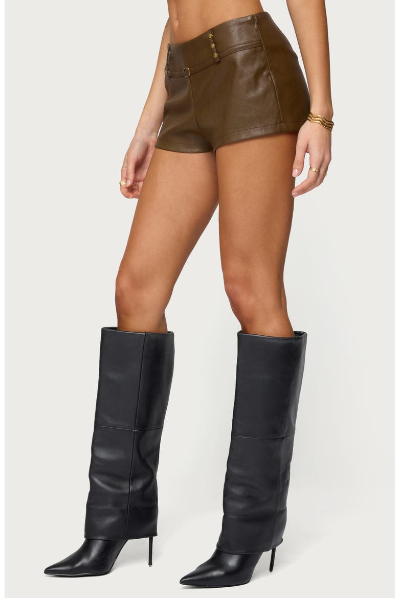 Reese Stud Detail Faux Leather Microshorts, Alternate, color, BROWN