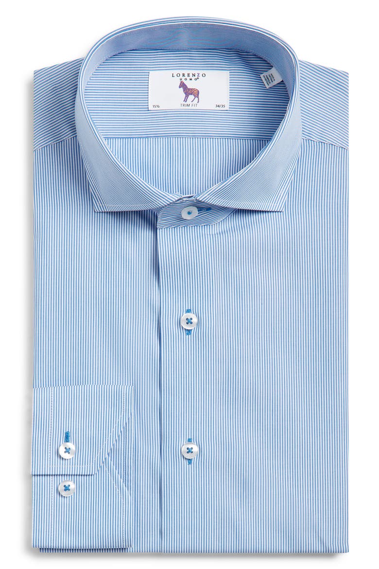Trim Fit Pinstripe Cotton Dress Shirt, Alternate, color, WHITE/ BLUE