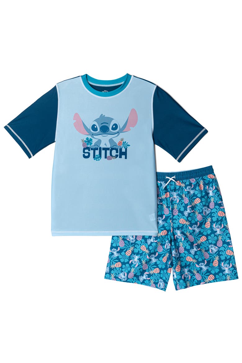 Lilo & Stitch Swimwear 2-Piece Rash Guard and Swim Trunks Set, Main, color, Stitch Navy Blue