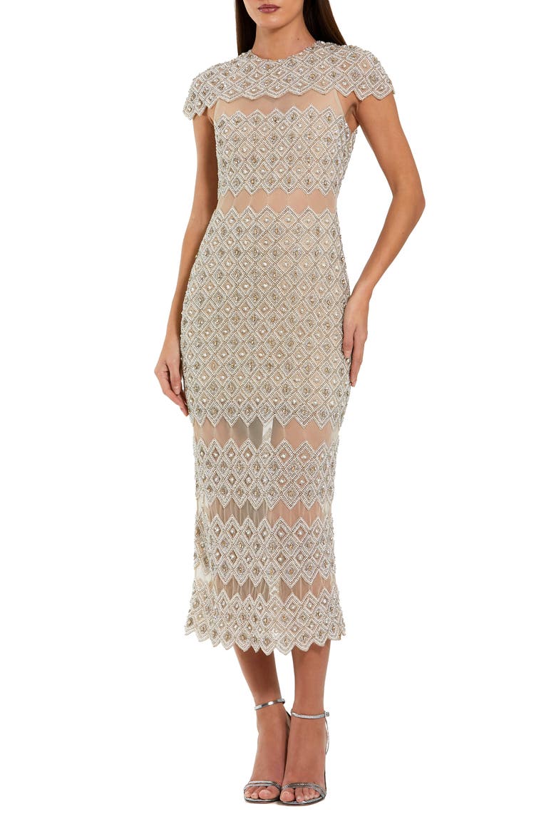 Women's Beaded Mesh Sheath Midi Dress with Sheer Panels, Main, color, Ivory Nude