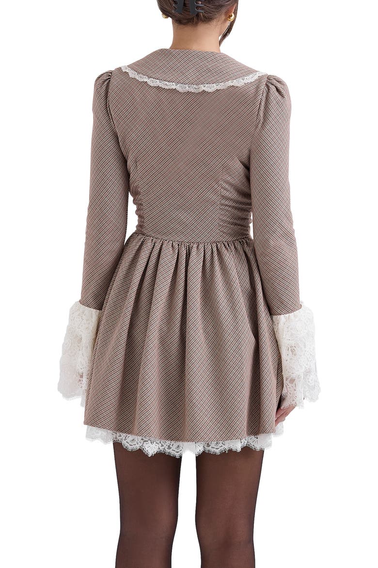 Sable Puppytooth Check Long Sleeve Lace Trim Minidress, Alternate, color, BROWN CHECK
