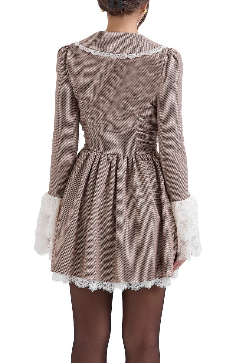 HOUSE OF CB Sable Puppytooth Check Long Sleeve Lace Trim Minidress, Alternate, color, Brown Check