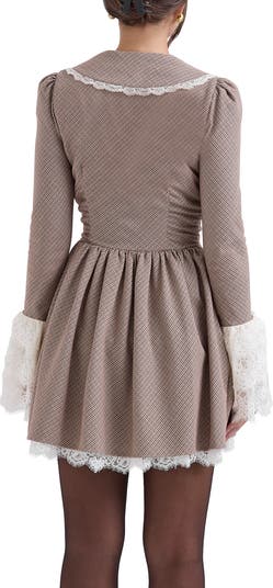 Sable Puppytooth Check Long Sleeve Lace Trim Minidress