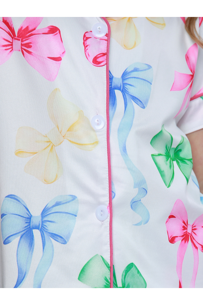 Playful Bow Print Cotton Pajama Short Set, Alternate, color, White