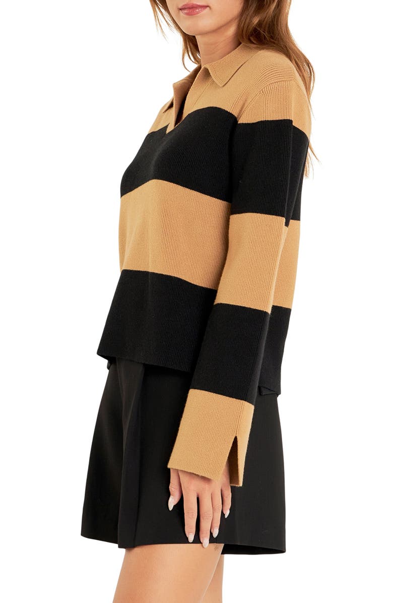 English Factory Stripe Polo Sweater, Alternate, color, Camel/ Black