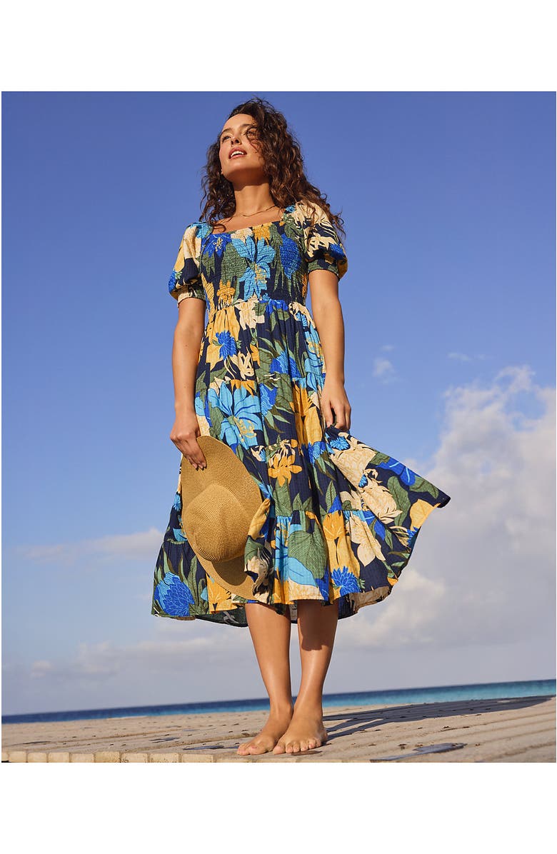 Lands' End Smocked Cotton Dobby Midi Puff Sleeve Dress, Alternate, color, 