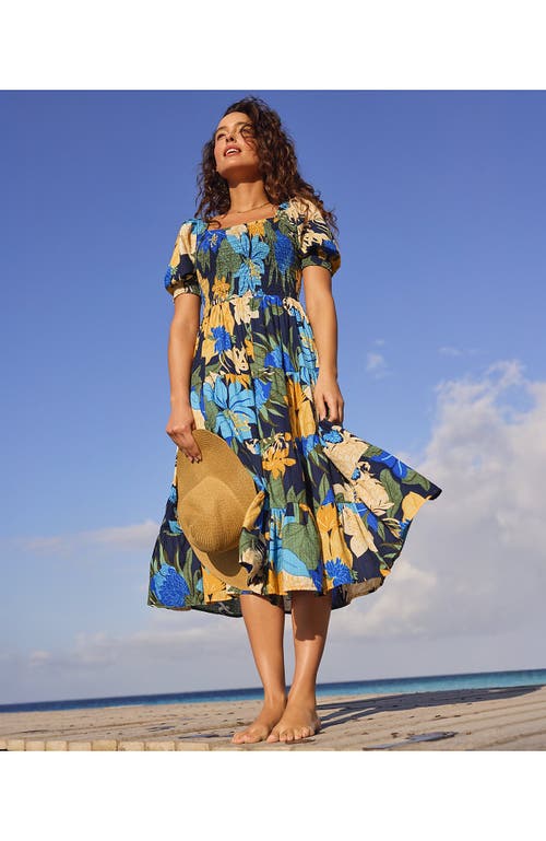 LANDS' END LANDS' END SMOCKED COTTON DOBBY MIDI PUFF SLEEVE DRESS