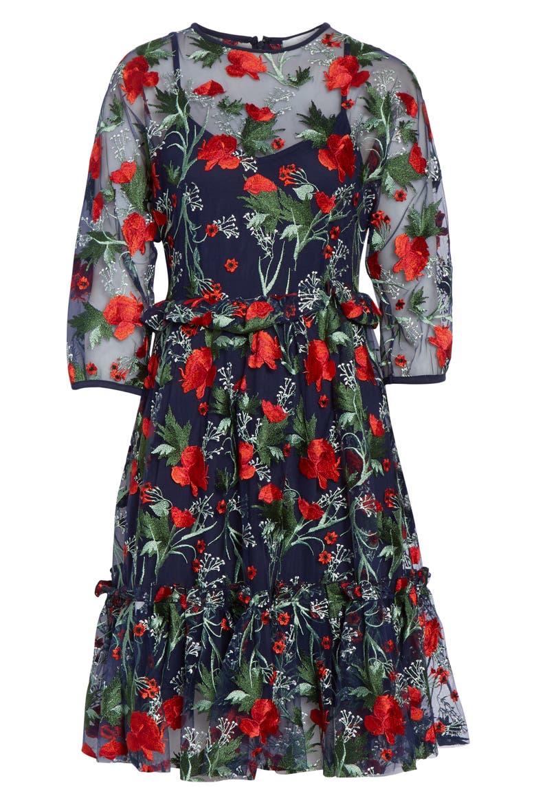 Embroidered Mesh Fit & Flare Dress, Alternate, color, RED FLORAL