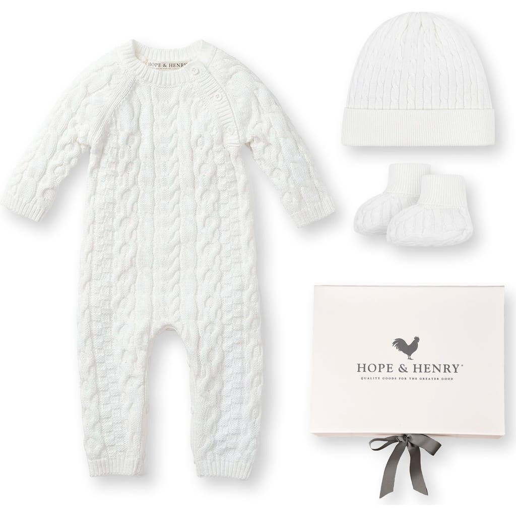 Shop Hope & Henry Baby Organic 4 Piece Gift Set With Box, Infant In White Cable Romper Beanie Set