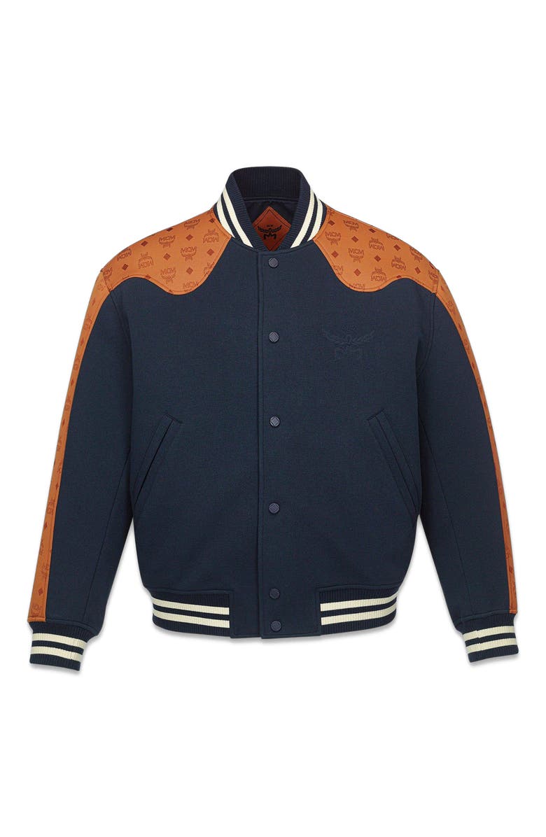 MCM Ponte Varsity Jacket in Monogram Neoprene Jacquard, Main, color, Blue
