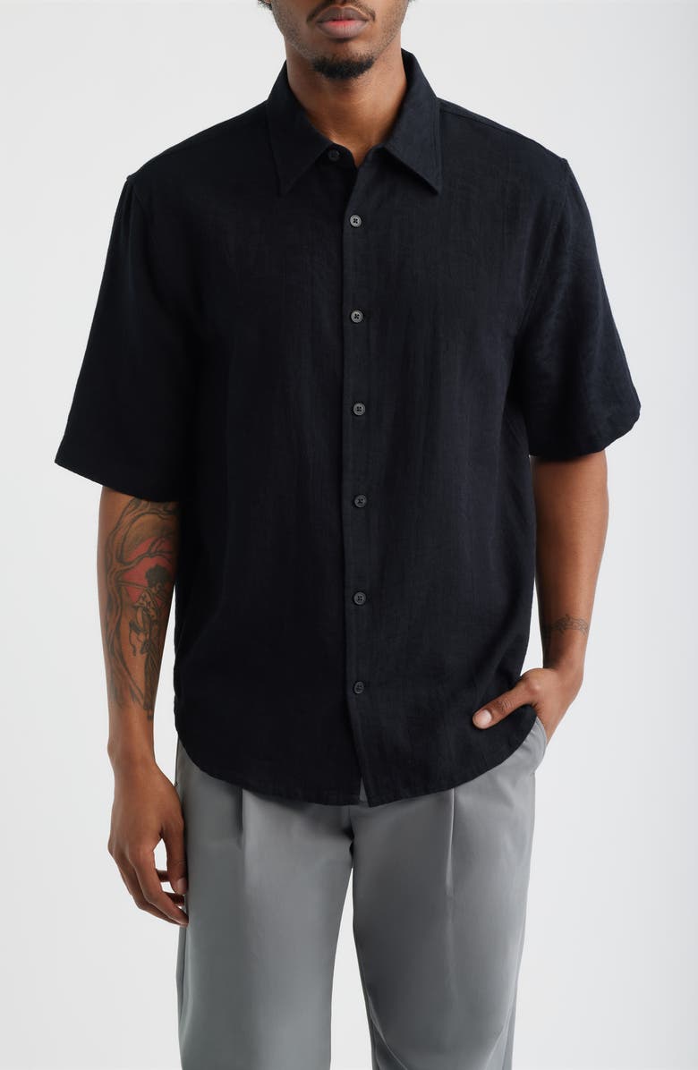 Open Edit Dune Oversize Short Sleeve Wool Blend Jacquard Button-Up Shirt, Main, color, Black